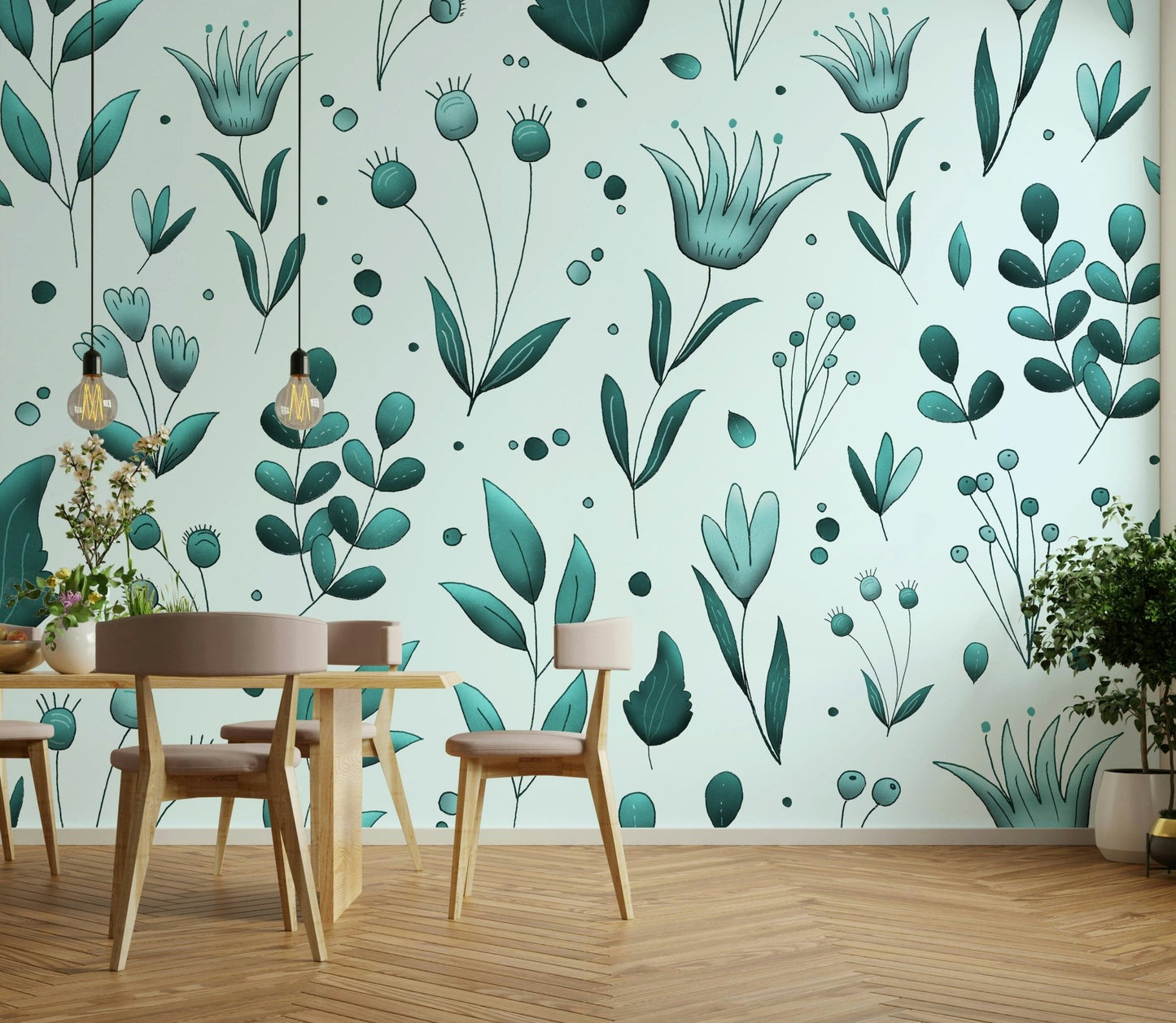 Soft teal botanical wallpaper pattern GD042

