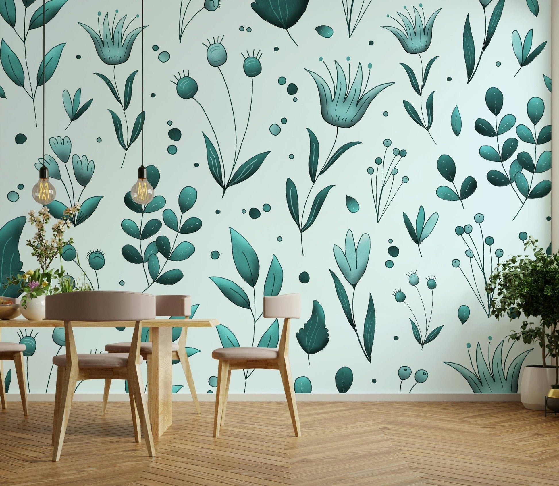 Soft teal botanical wallpaper pattern GD042

