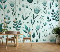 Soft teal botanical wallpaper pattern GD042

