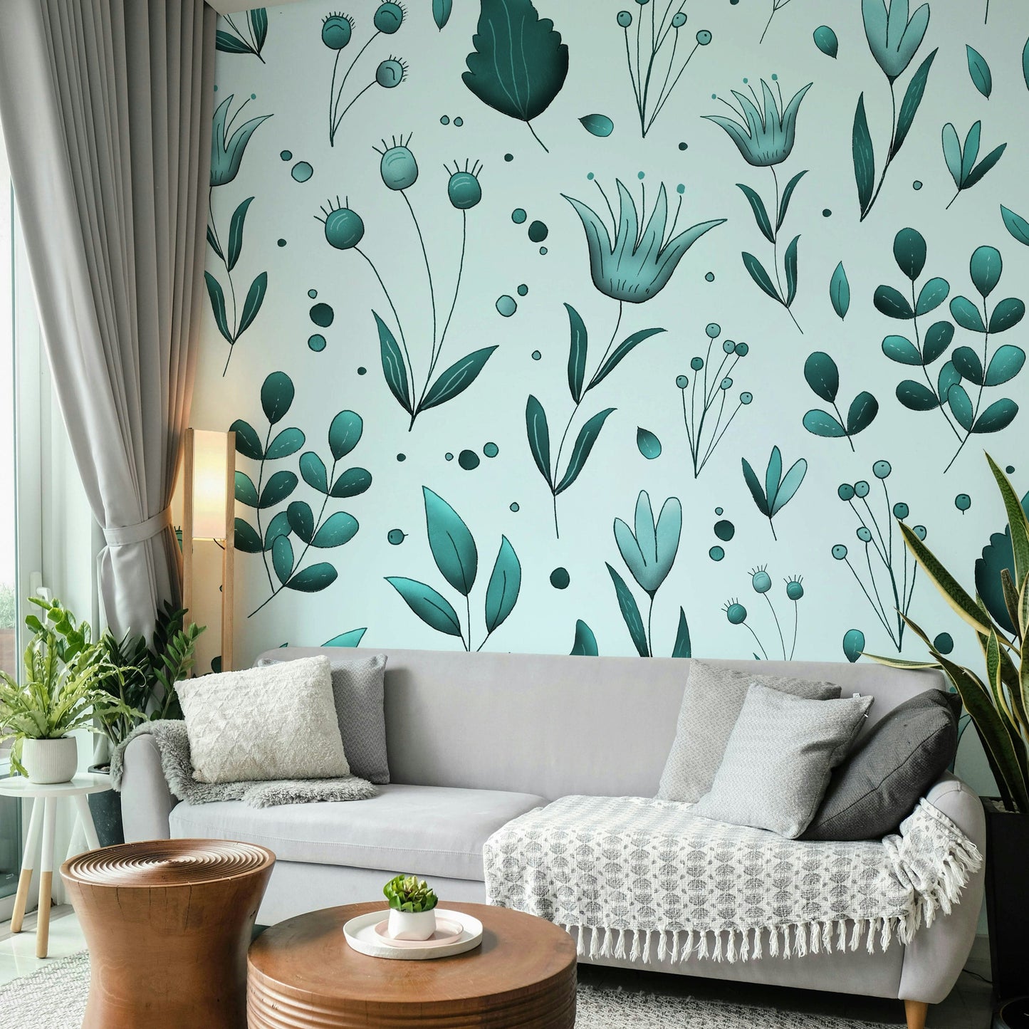 Serene Teal Garden wallpaper detail

