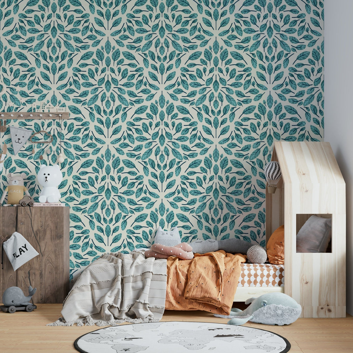 Nature-inspired teal leaf wallpaper for your walls, GD1786