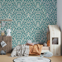 Nature-inspired teal leaf wallpaper for your walls, GD1786