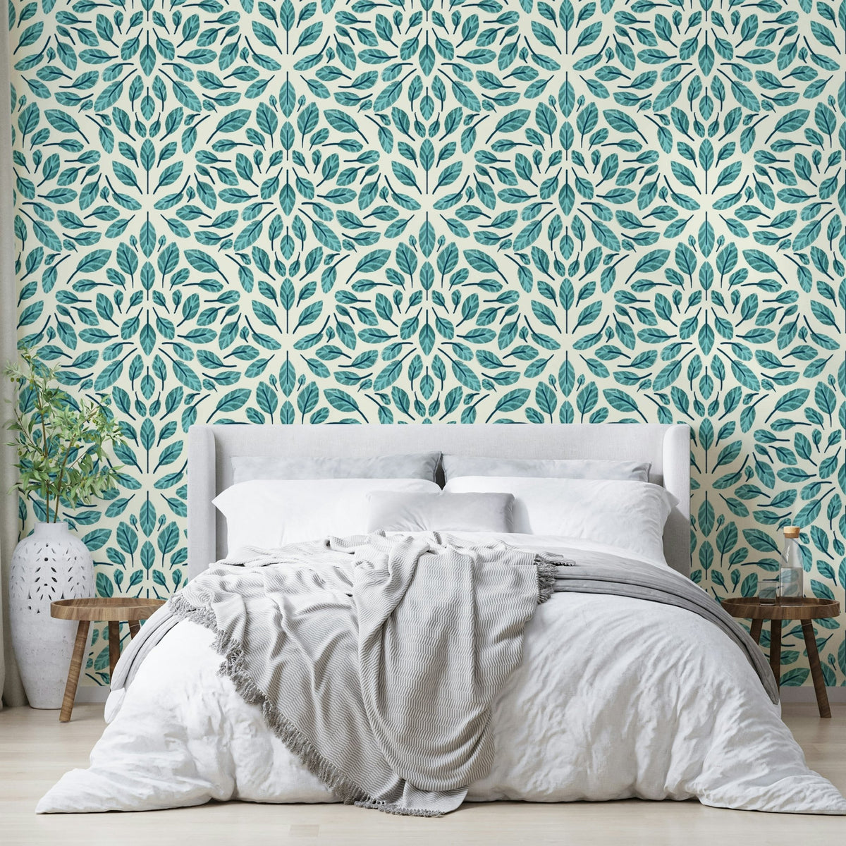 Tranquil teal leaves wallpaper for a relaxing ambiance, GD1786