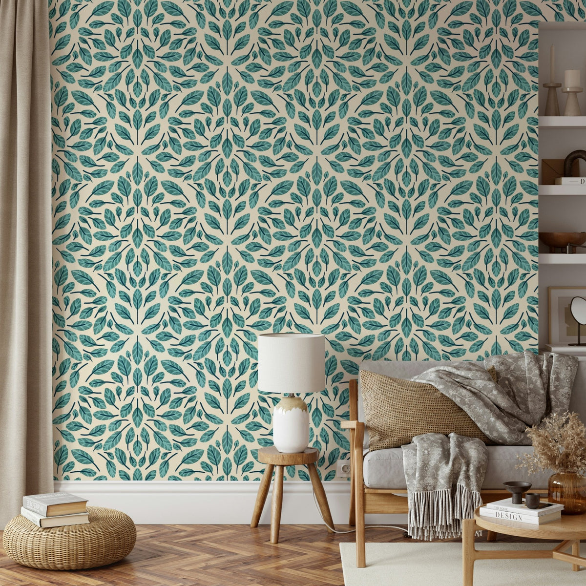 Beautiful teal leaves wallpaper for modern spaces, GD1786