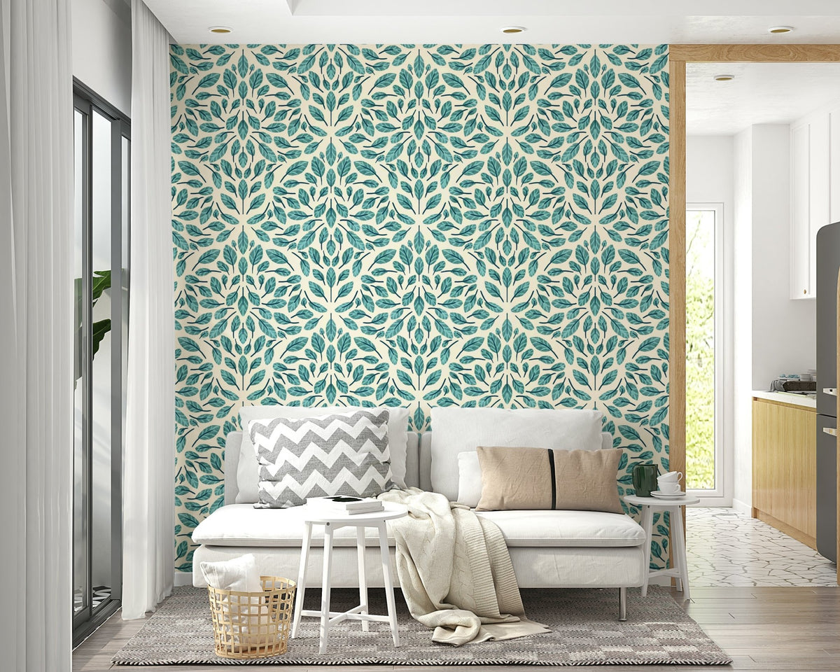 Stylish teal leaves wallpaper for peaceful rooms, GD1786