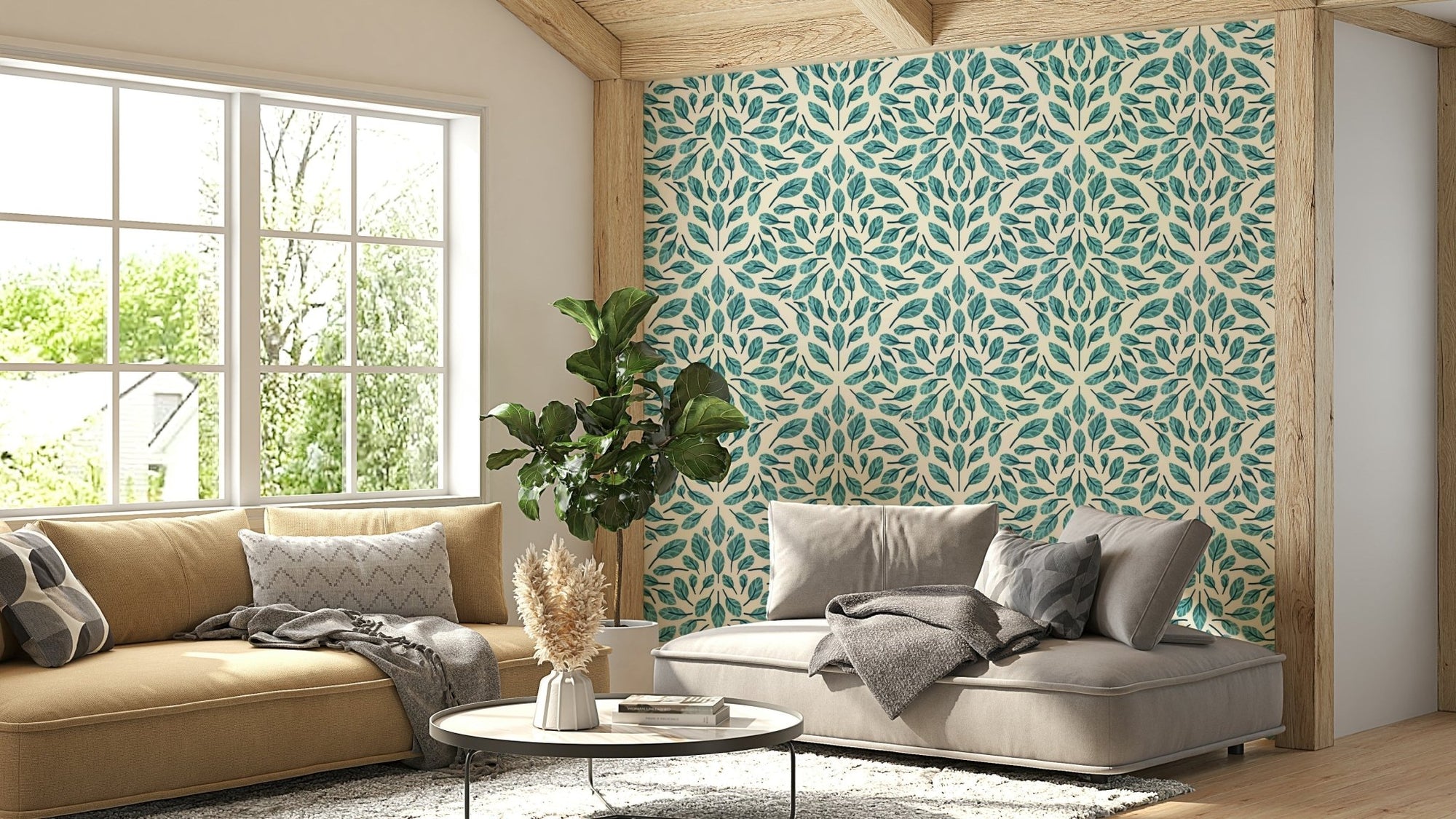 Teal leaves wallpaper creating a tranquil atmosphere, GD1786