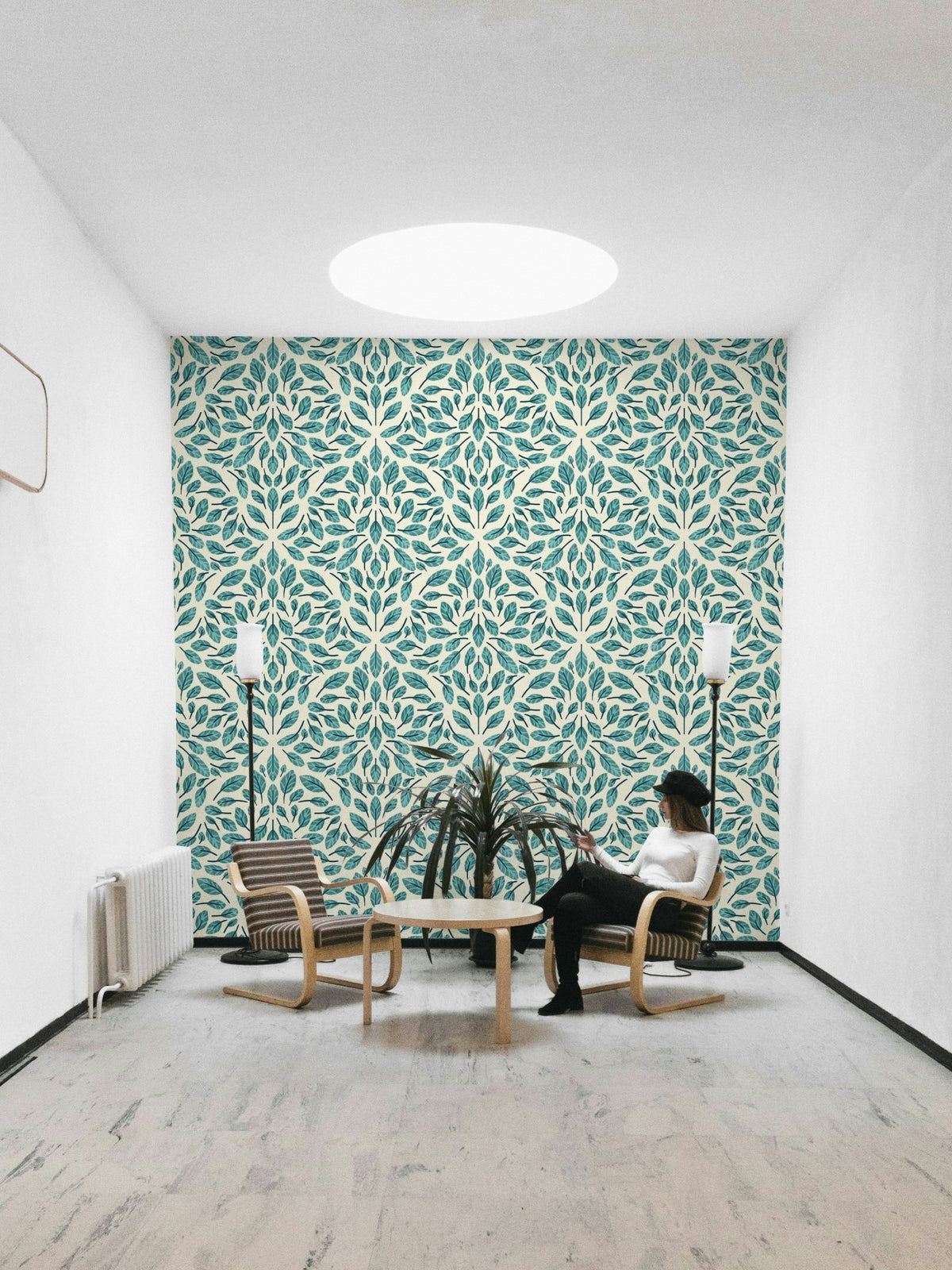 Serene teal leaves wallpaper for calming interiors, GD1786