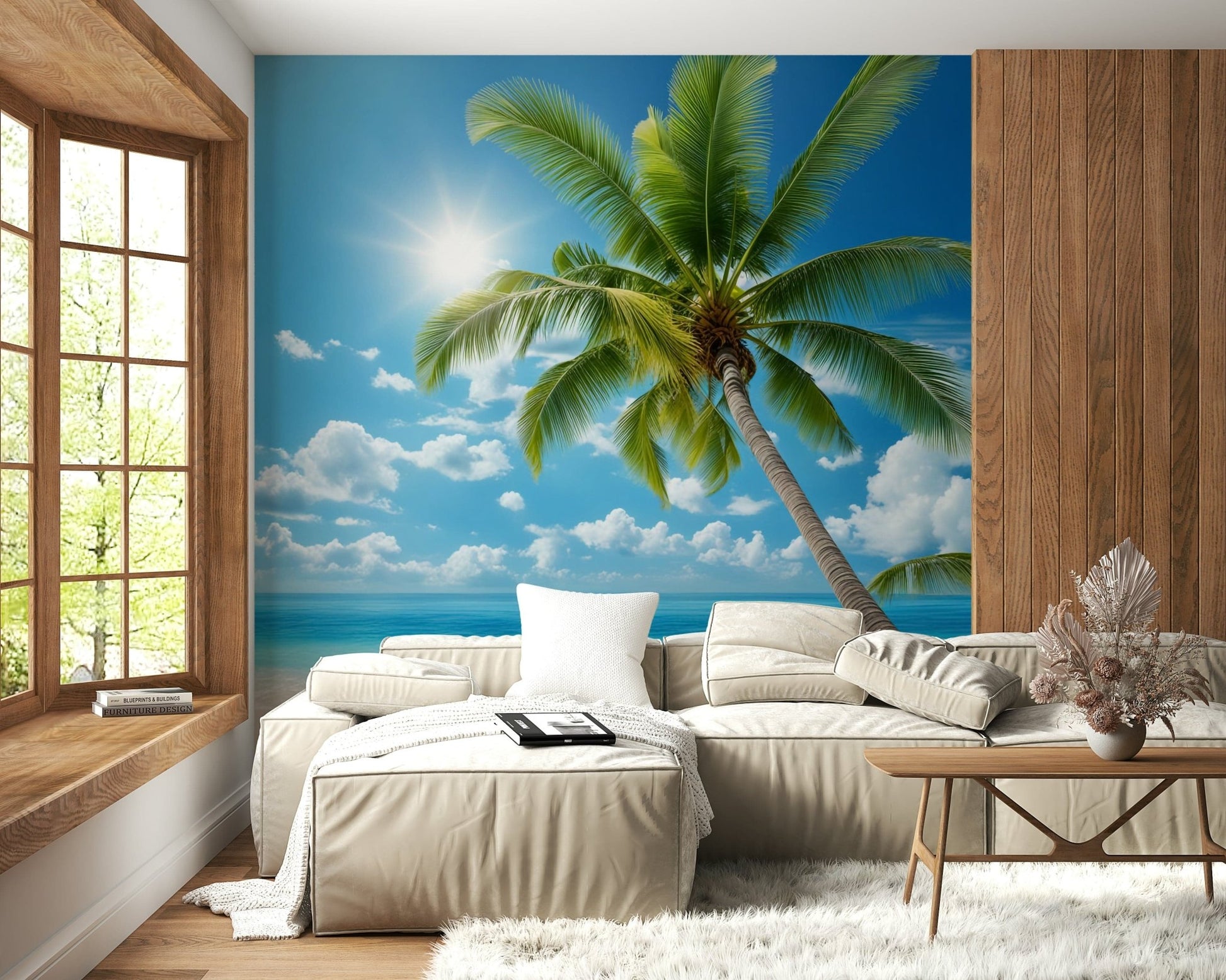 Nature inspired wall mural depicting a peaceful and empty sandy shore.