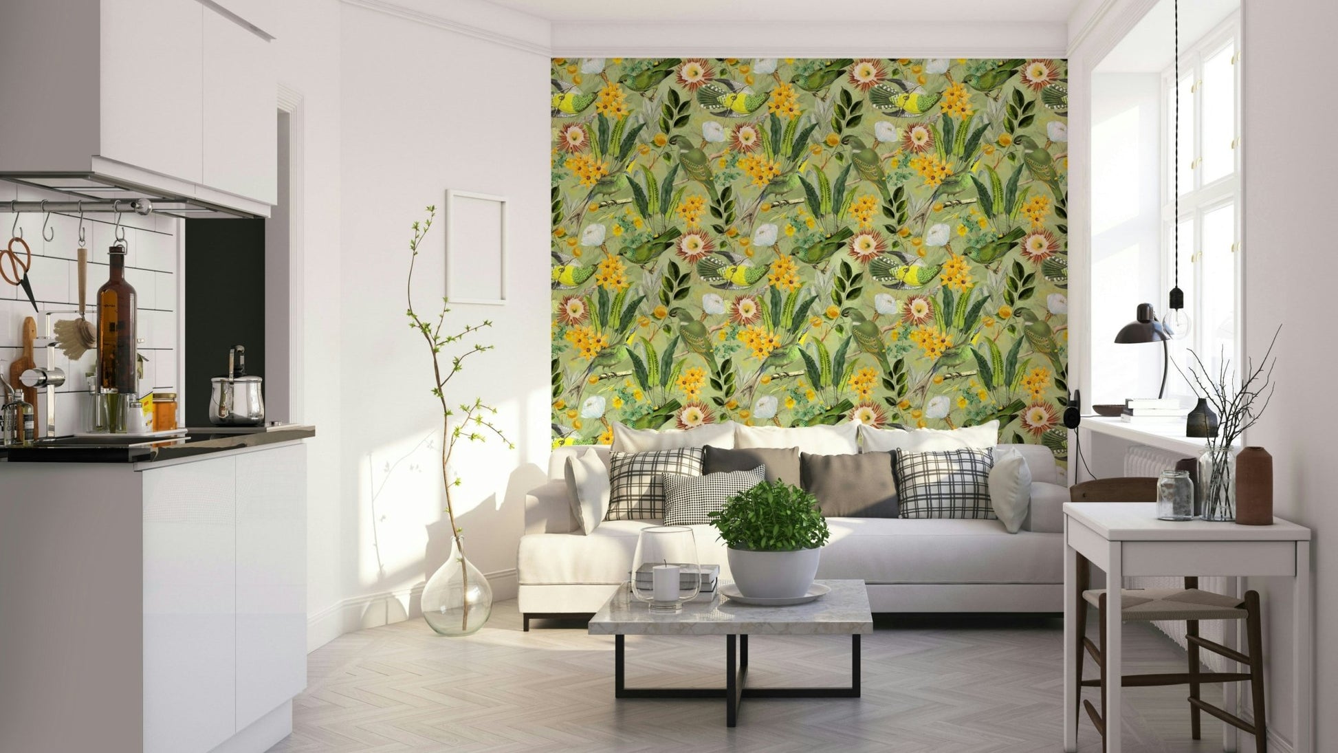 Colorful tropical birds perched on greenery wallpaper design.

