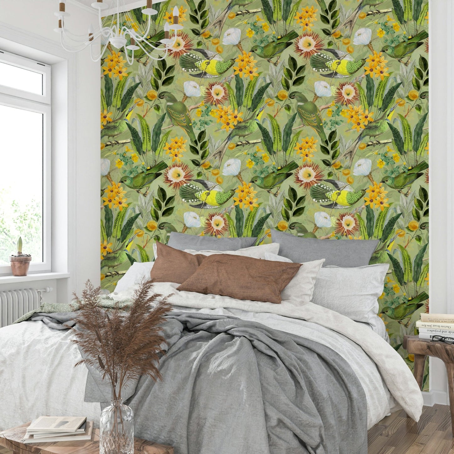 Elegant tropical wallpaper with colorful bird illustrations.

