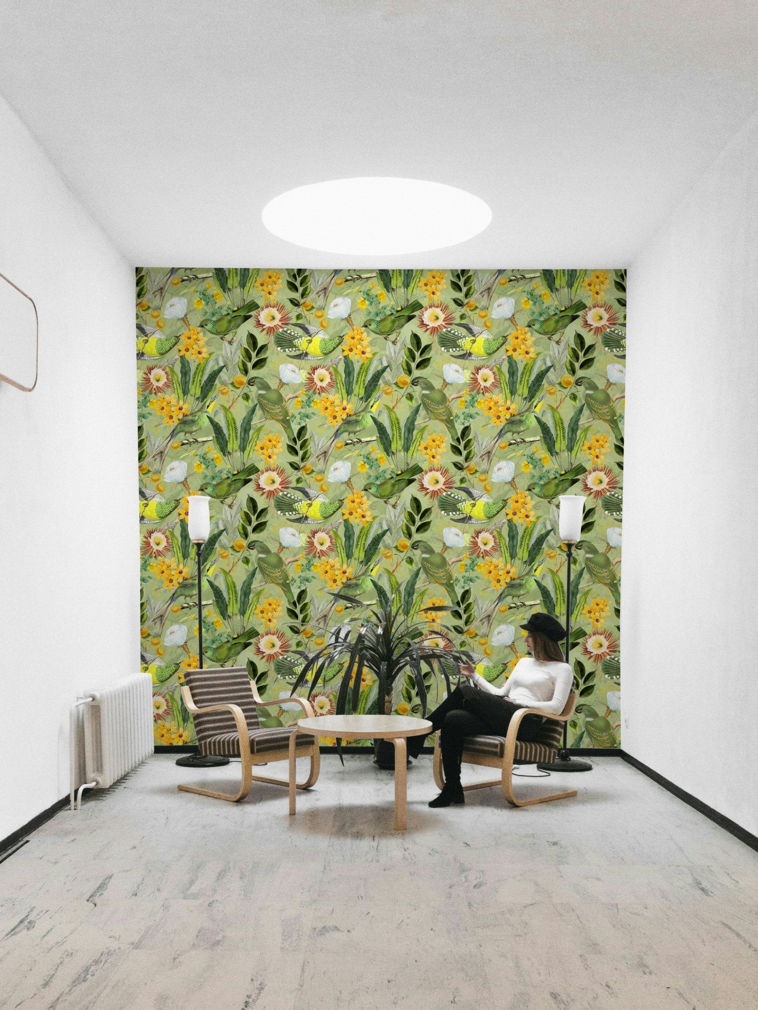 Bright and serene tropical wallpaper with aviary elements.


