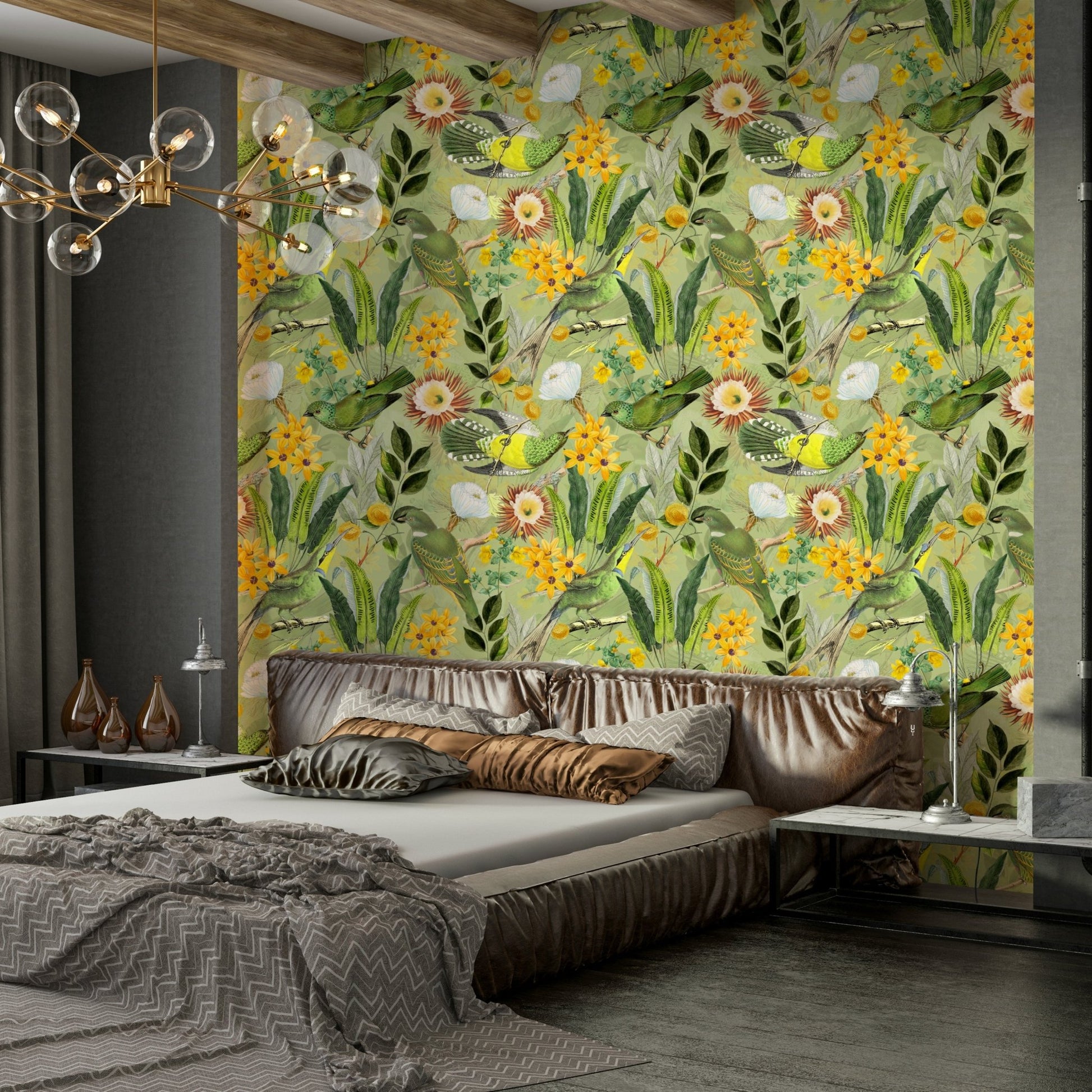Lush tropical aviary wallpaper with a serene ambiance.

