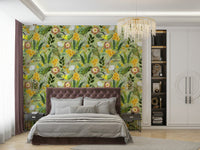 Tropical aviary scene with exotic birds on lush plants wallpaper.

