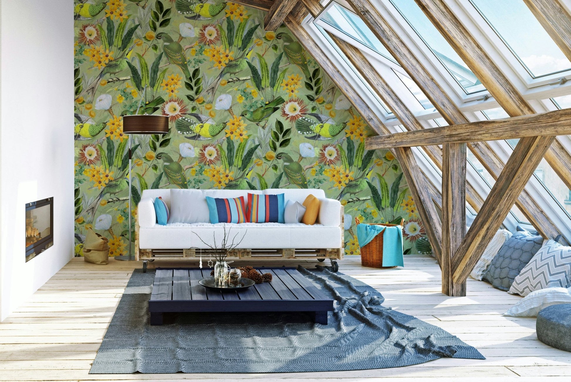 Serene wallpaper with vibrant birds and tropical foliage.

