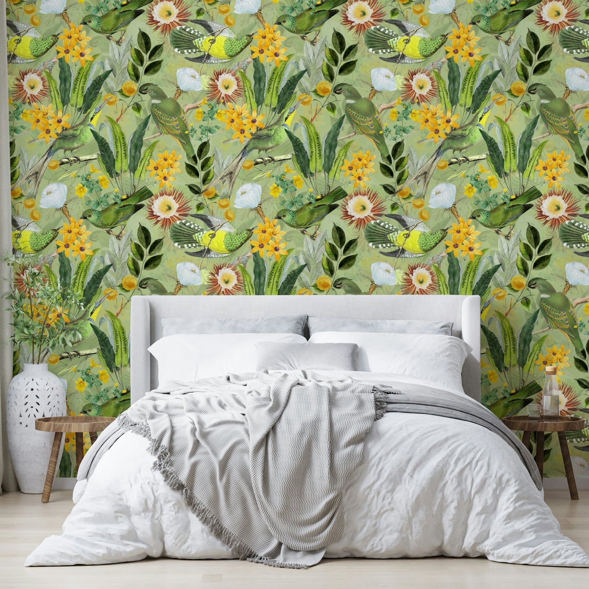 Serene Tropical Aviary Wallpaper with vibrant birds.

