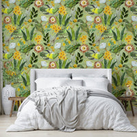 Serene Tropical Aviary Wallpaper with vibrant birds.

