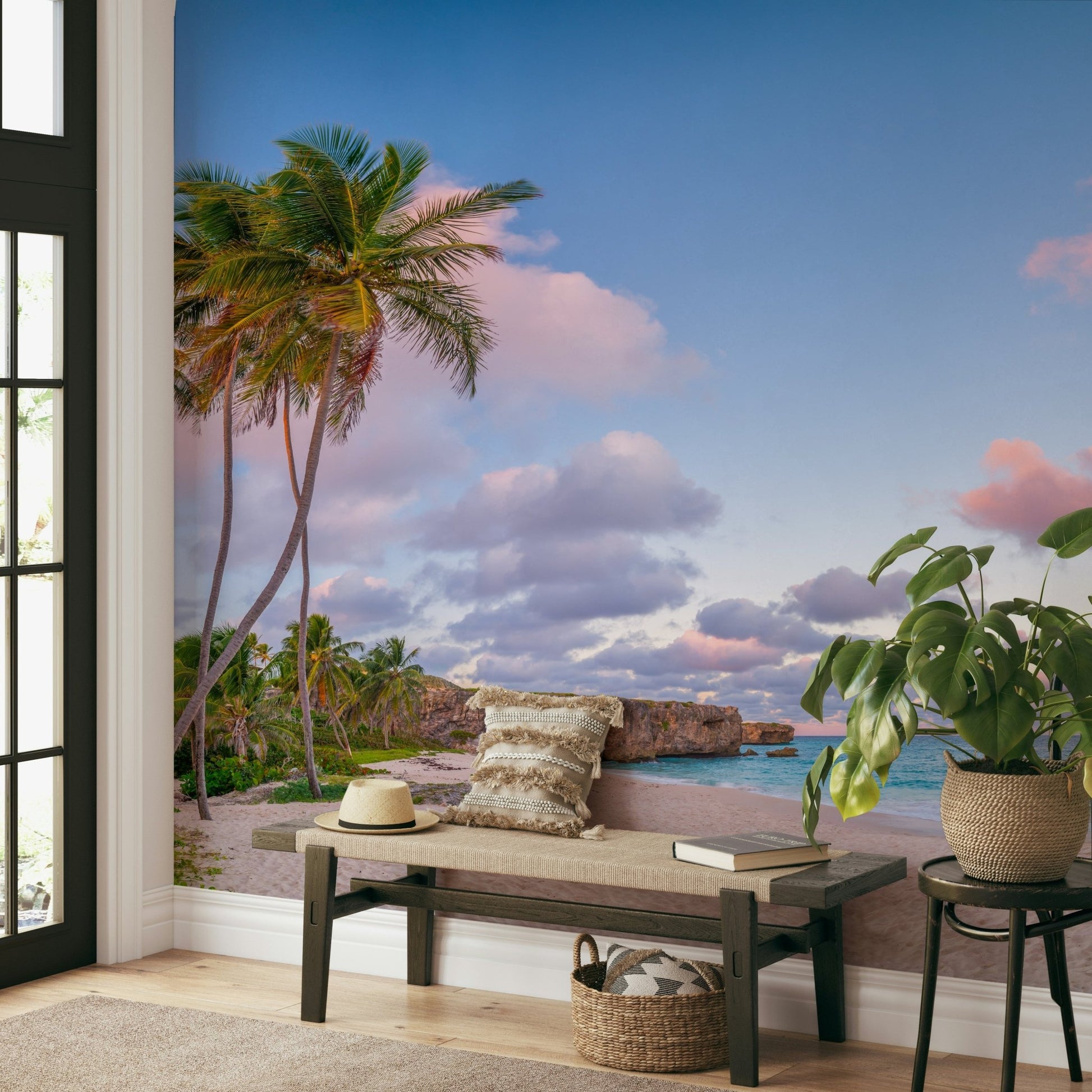 Palm tree silhouettes in evening mural design

