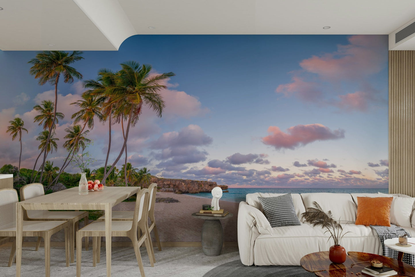 Evening coastal mural with palm and sky tones

