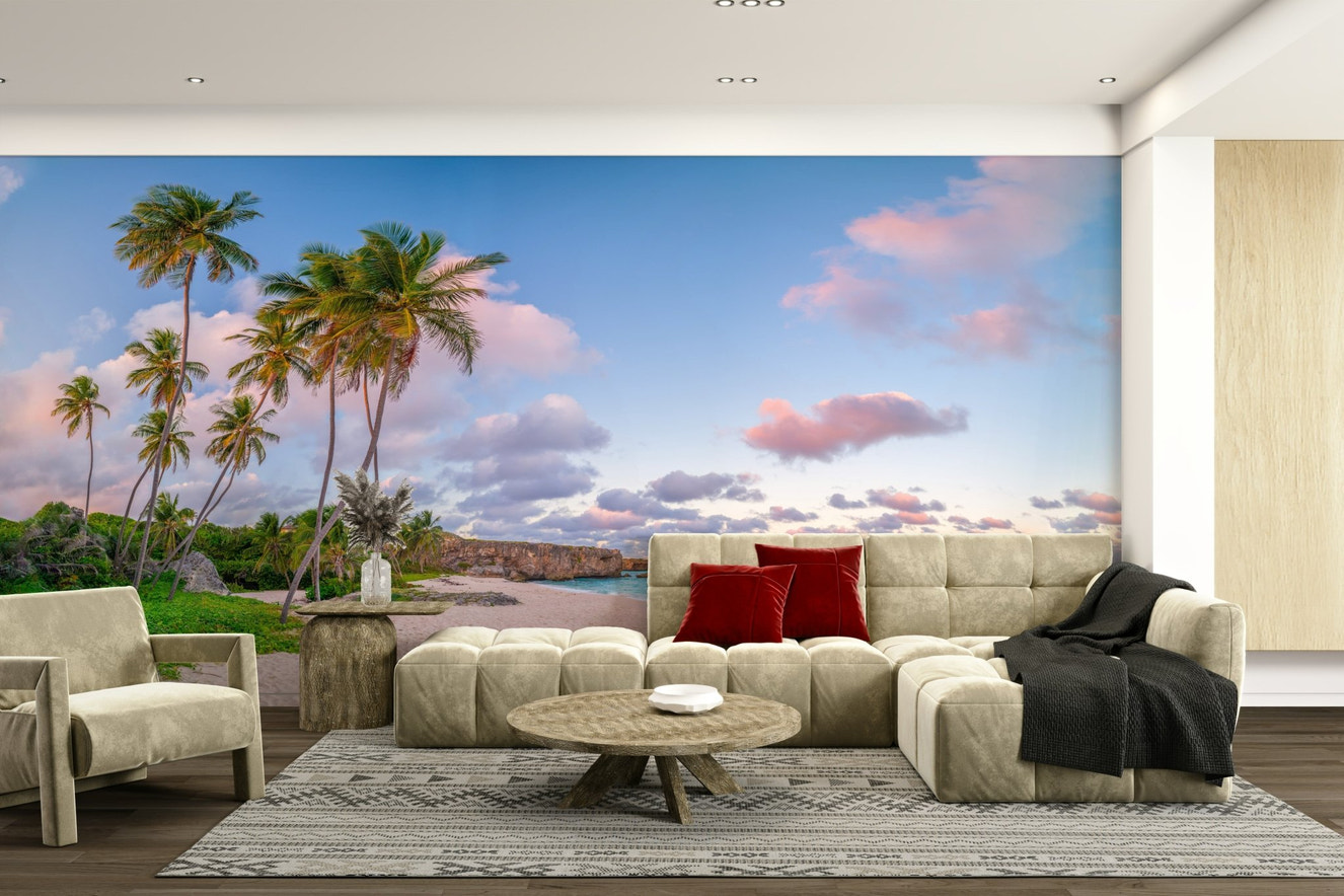Tropical evening wall mural with sunset tones

