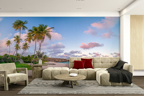 Tropical evening wall mural with sunset tones, GD1981