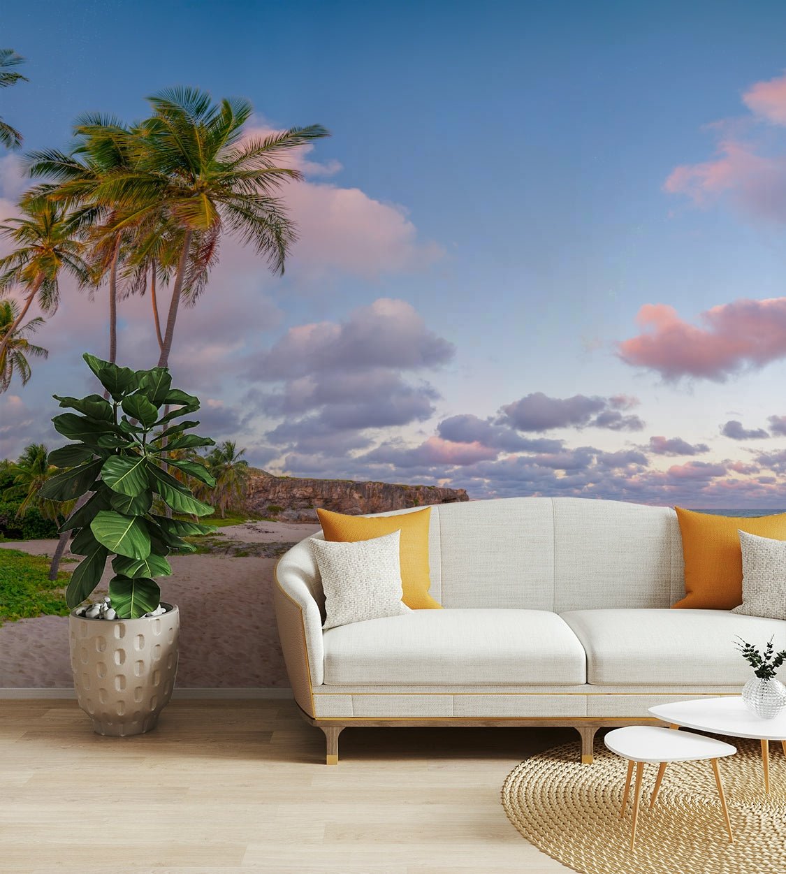 Tropical mural with dusk sky and calm mood

