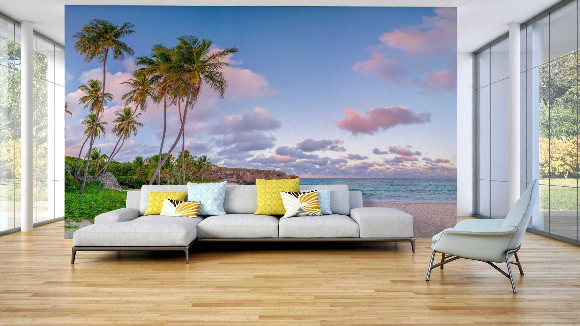 Serene beach mural with evening palm view