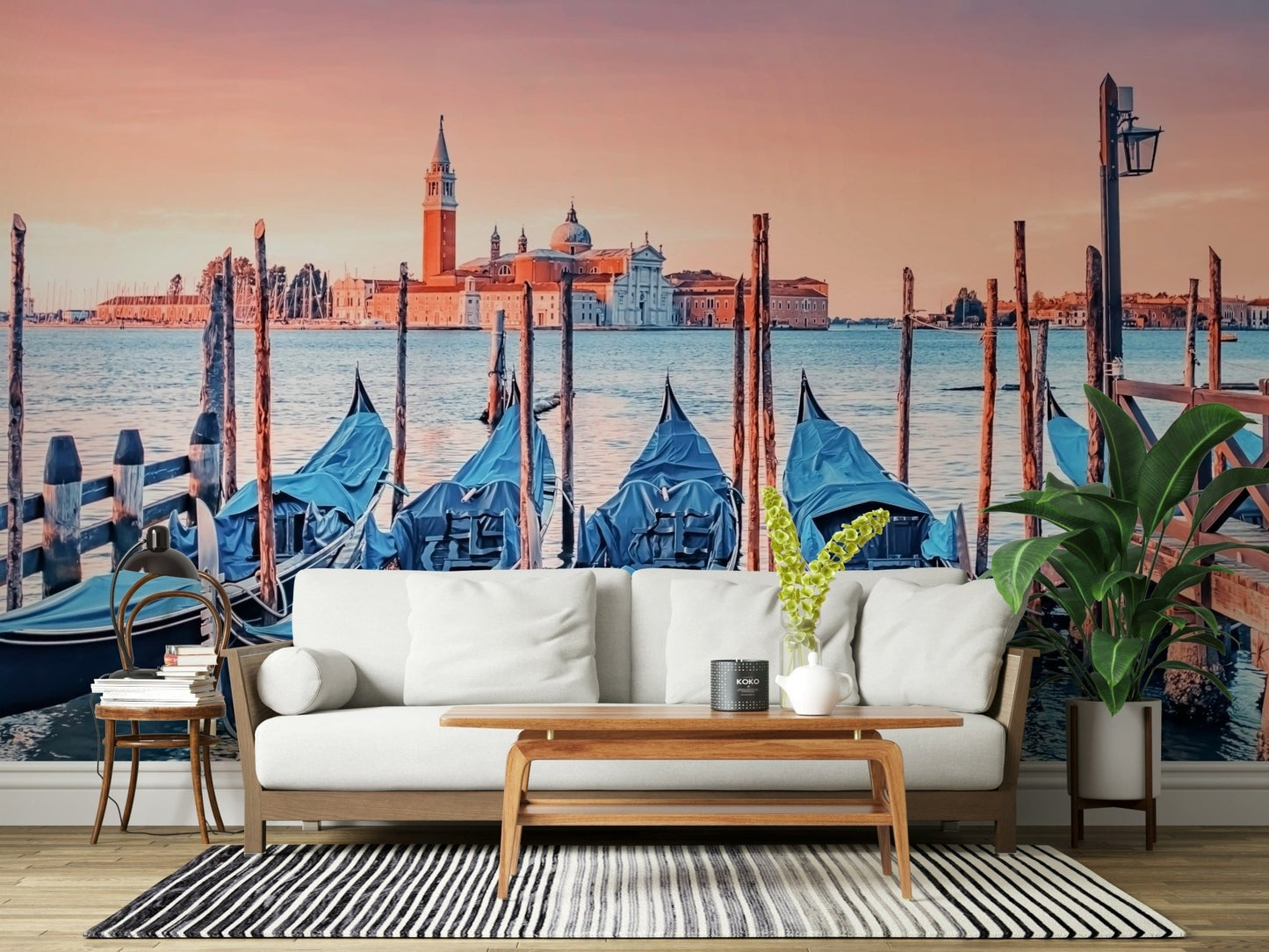 Serene Venice Scene wallpaper with soft blue tones for a home office.