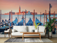 Serene Venice Scene wallpaper with soft blue tones for a home office.