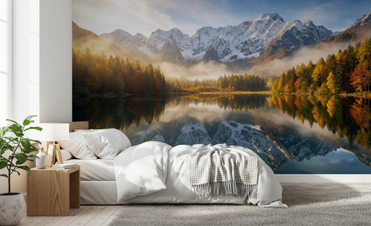 Bedroom with Serene Vista Wall Mural showing mountain lake reflection