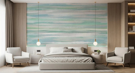 Quiet bedroom corners feel restful with Serene Water Hues wall mural across them.GD9538
