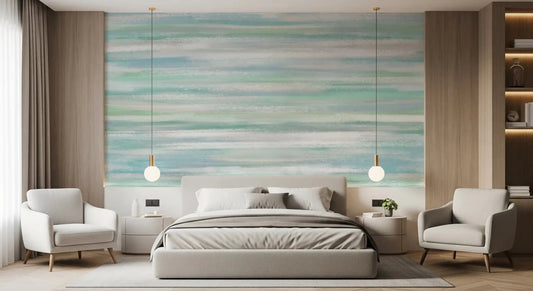 Quiet bedroom corners feel restful with Serene Water Hues wall mural across them.GD9538