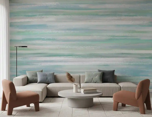 Soft pastel waves drift across a living room behind Serene Water Hues wall mural.GD9538