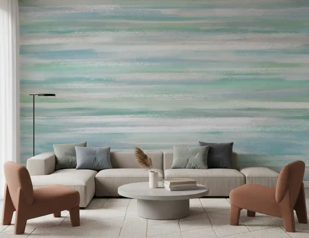Soft pastel waves drift across a living room behind Serene Water Hues wall mural.GD9538