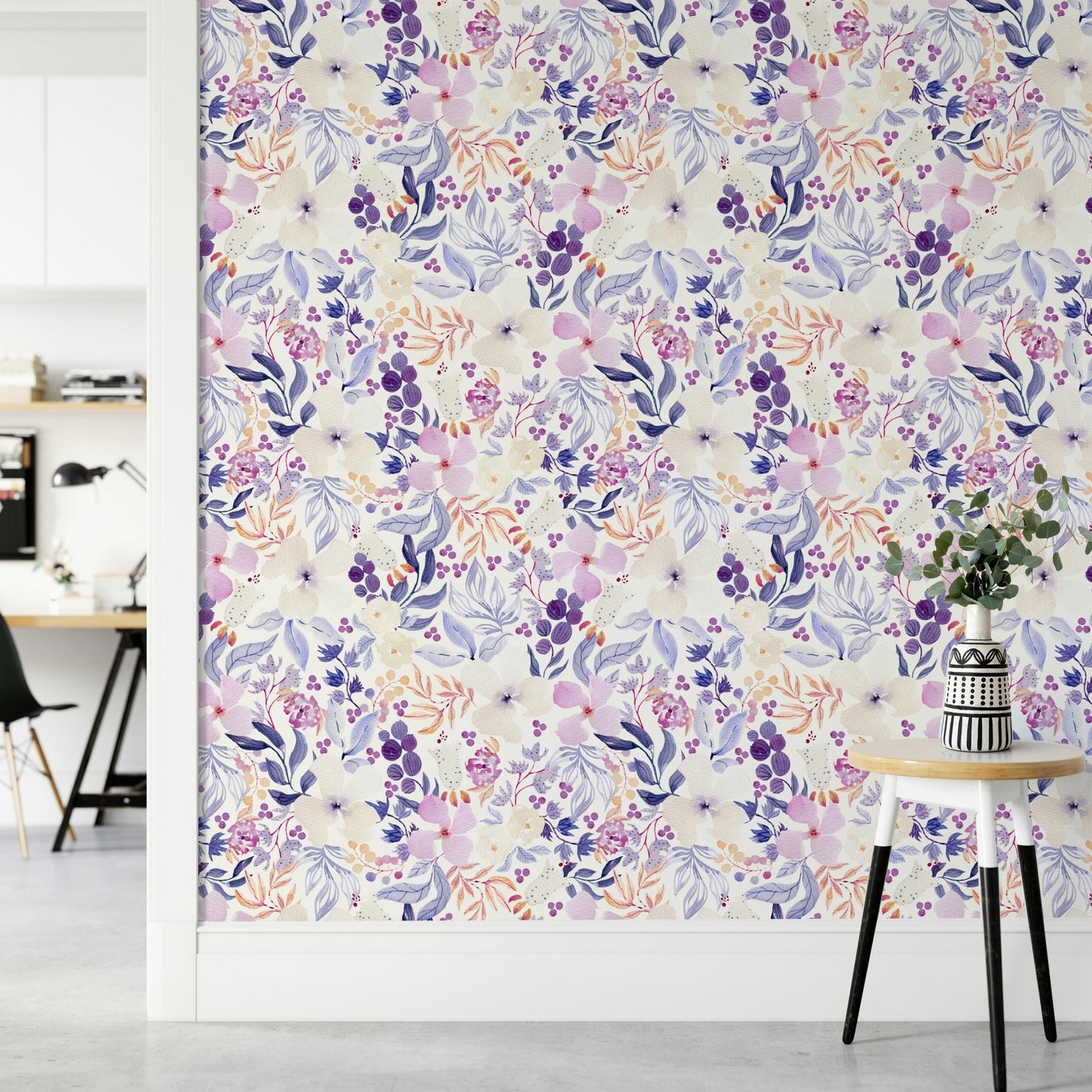 Serene watercolor bloom wall mural with soft florals

