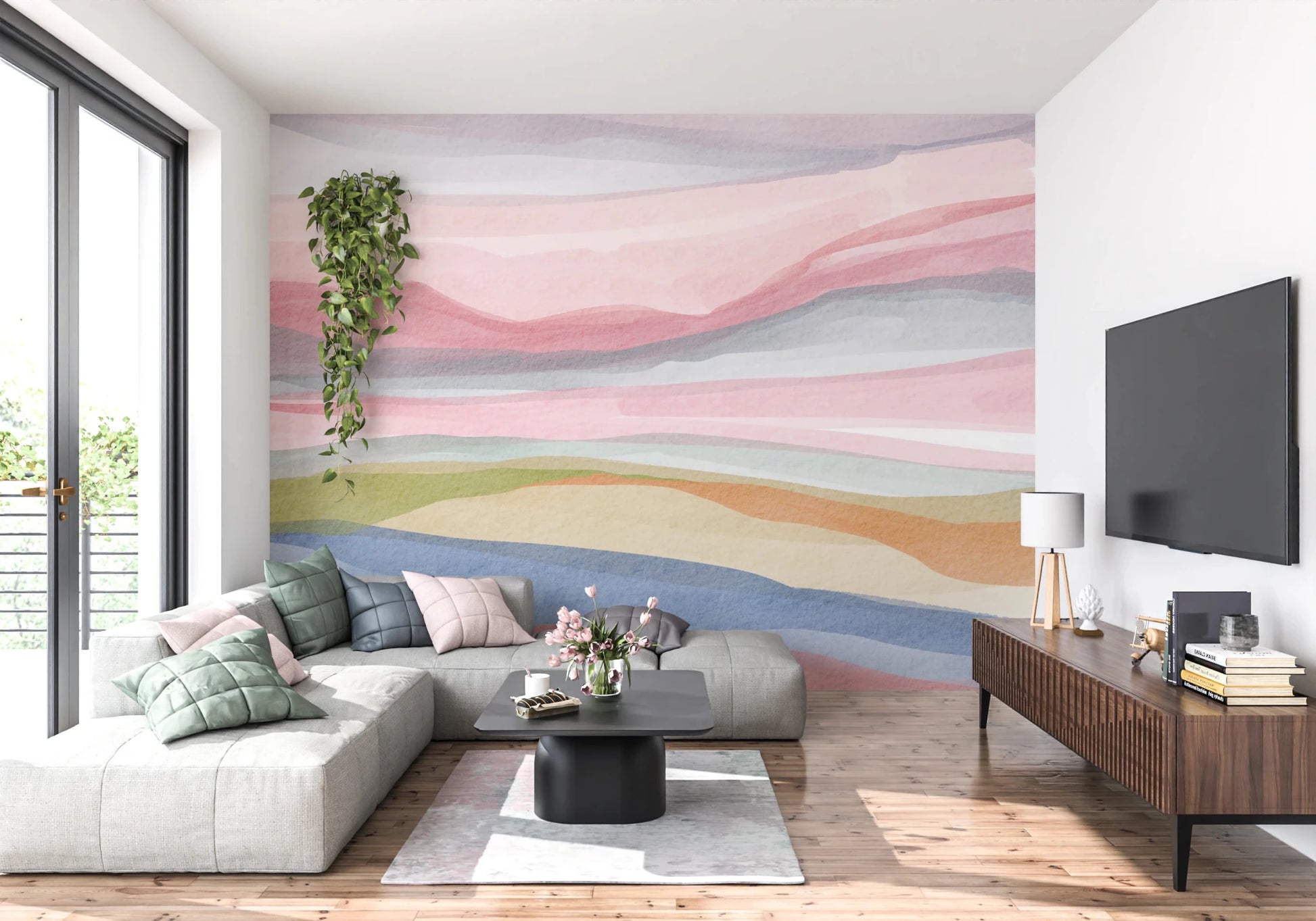 Calming watercolor art with pink and blue layers., GD8469