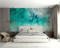 A peaceful water reflection mural on decorative wallpaper.

