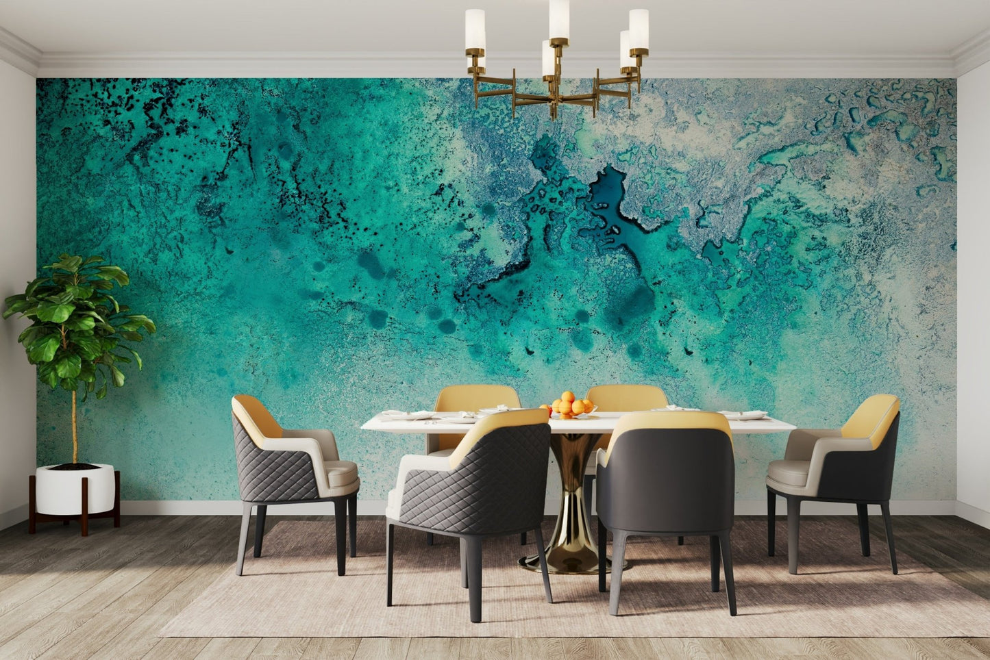 An artistic tranquil coastal mural on minimalist wallpaper.

