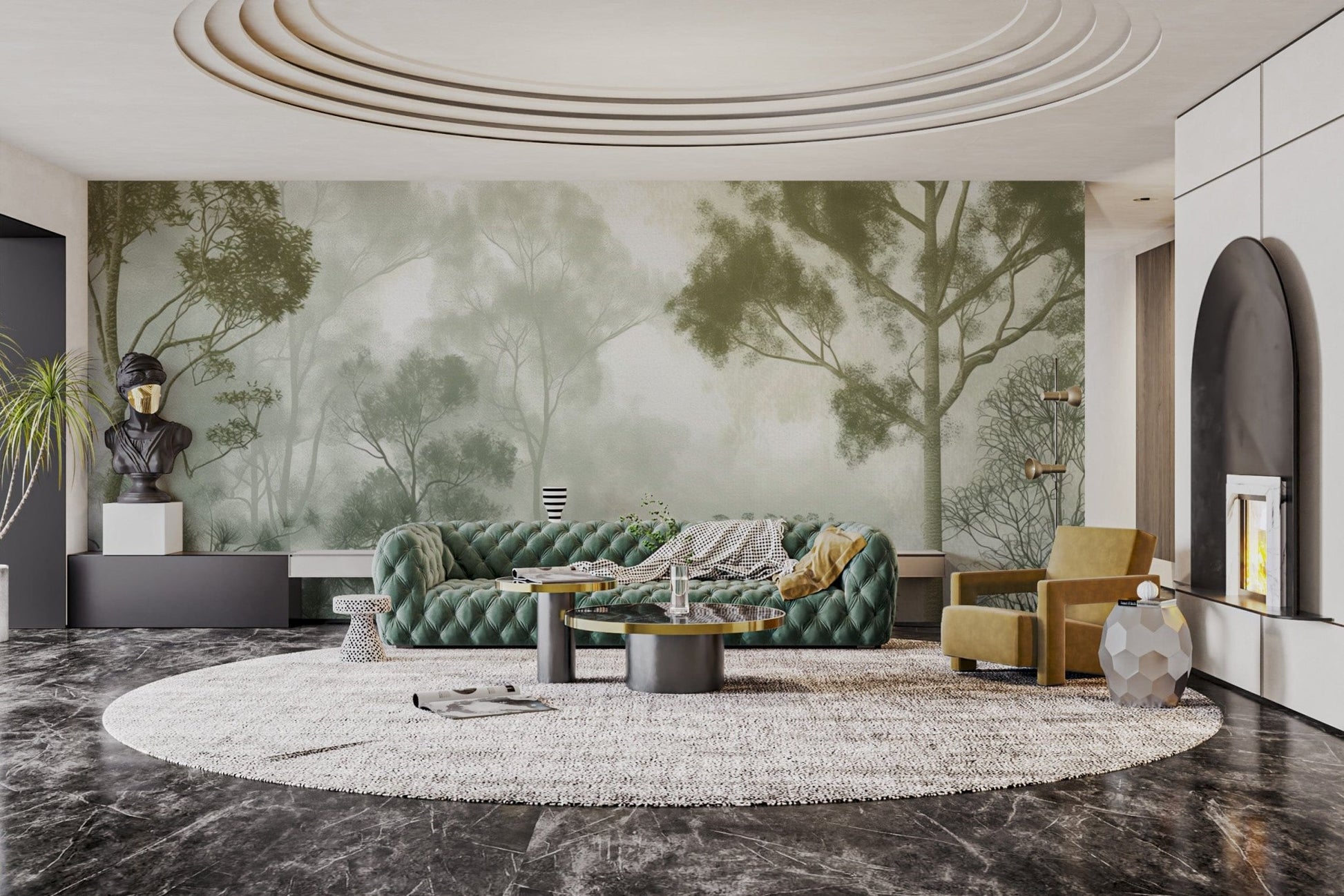 Foggy forest treetops wall design
