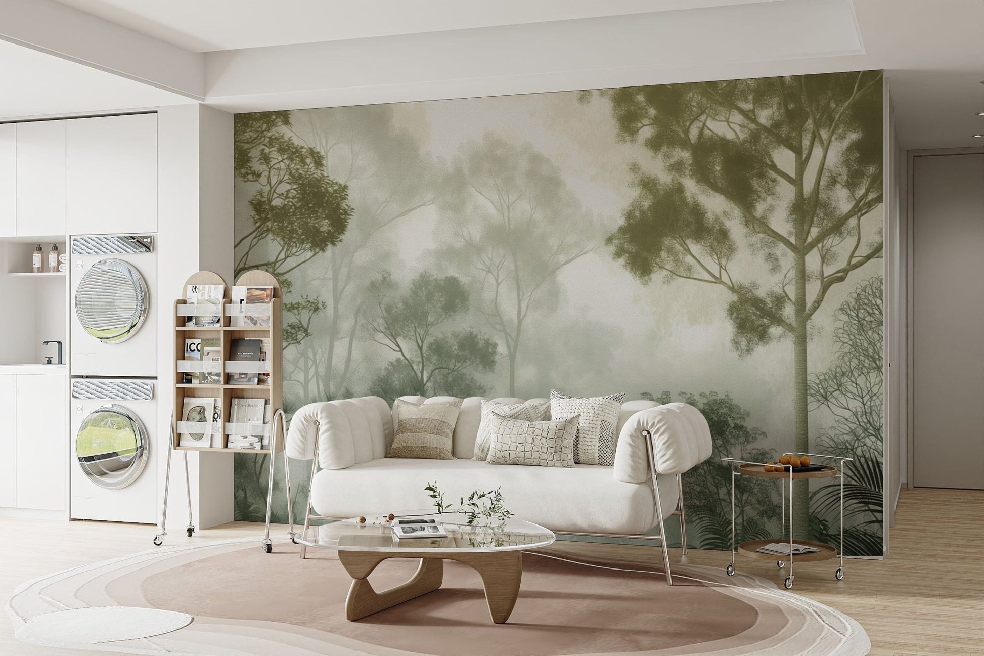 Misty treetop forest wallpaper design
