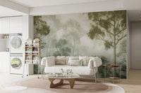 Misty treetop forest wallpaper design
