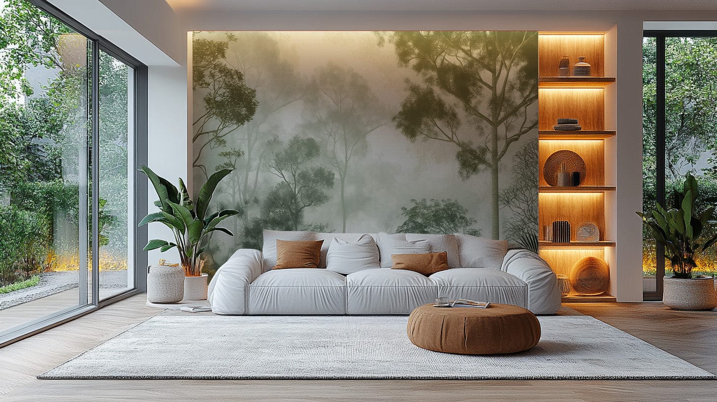 Soft foggy woodland wallpaper design
