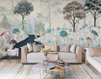 Serene Woodland Stream Wall Mural behind a blush sofa in a bright living room