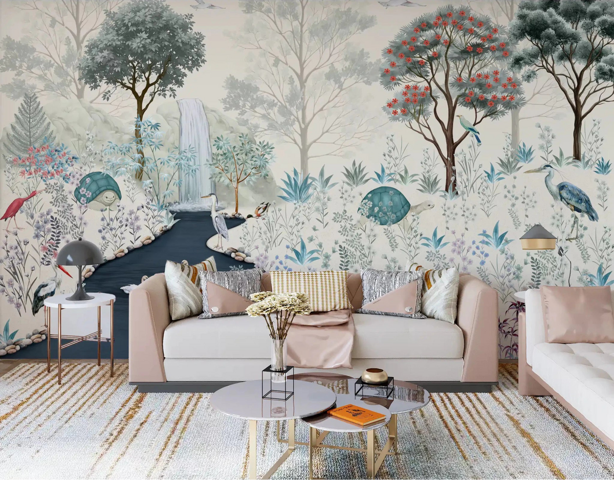 Serene Woodland Stream Wall Mural behind a blush sofa in a bright living room, GD8962