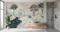 bathroom  styled with Serene Woodland Stream Wall Mural in soft nature tones
