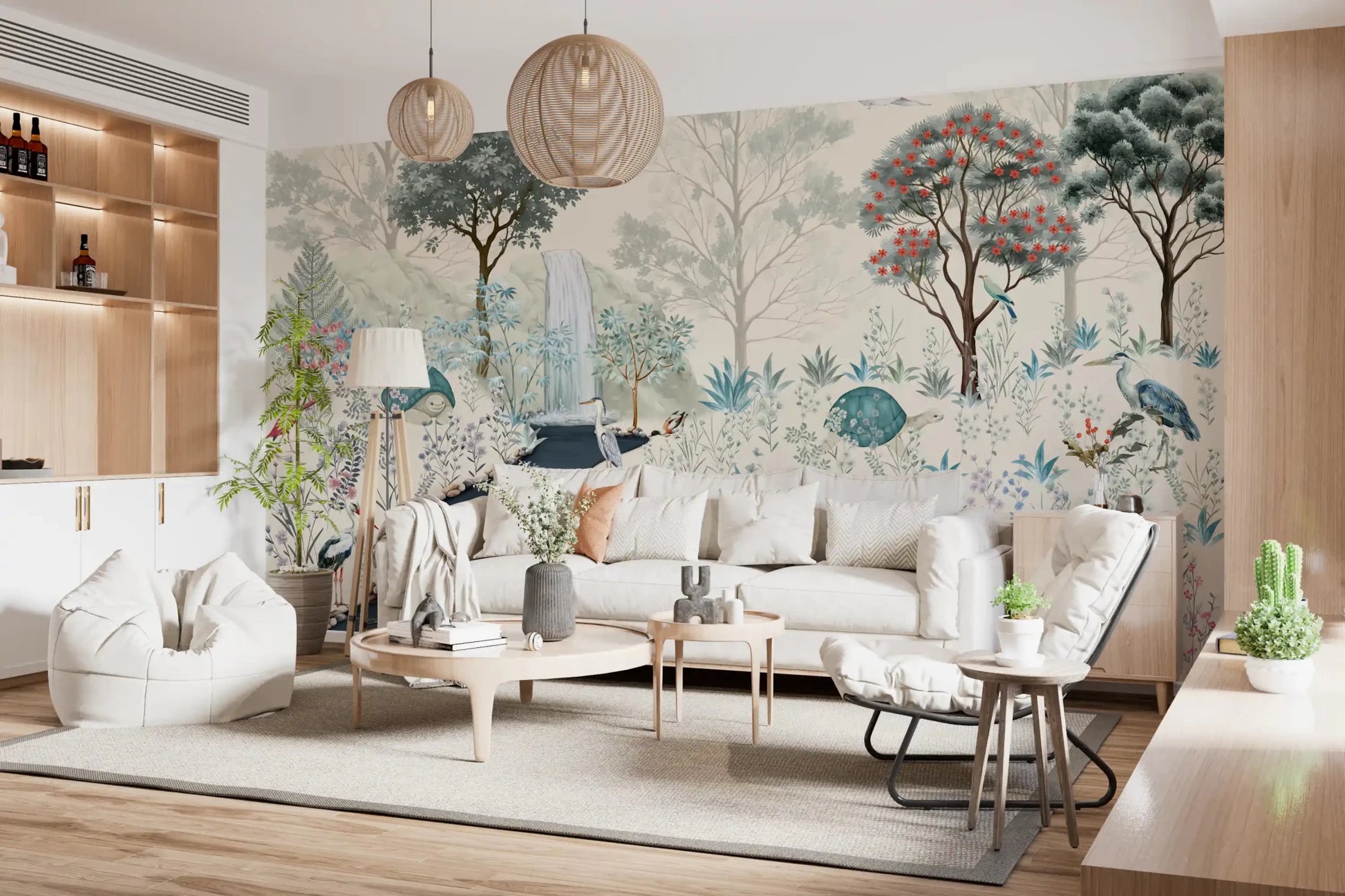 Open Living space softened by the Serene Woodland Stream Wall Mural backdrop