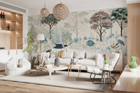 Open Living space softened by the Serene Woodland Stream Wall Mural backdrop