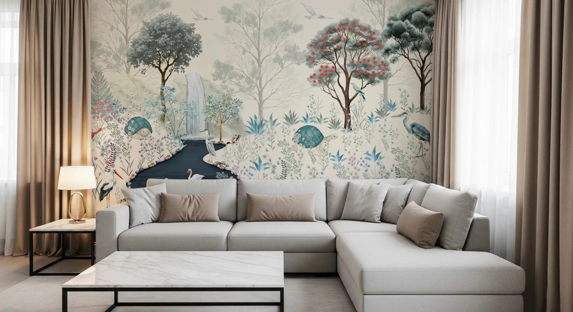 Grey lounge setting with Serene Woodland Stream Wall Mural across the main 