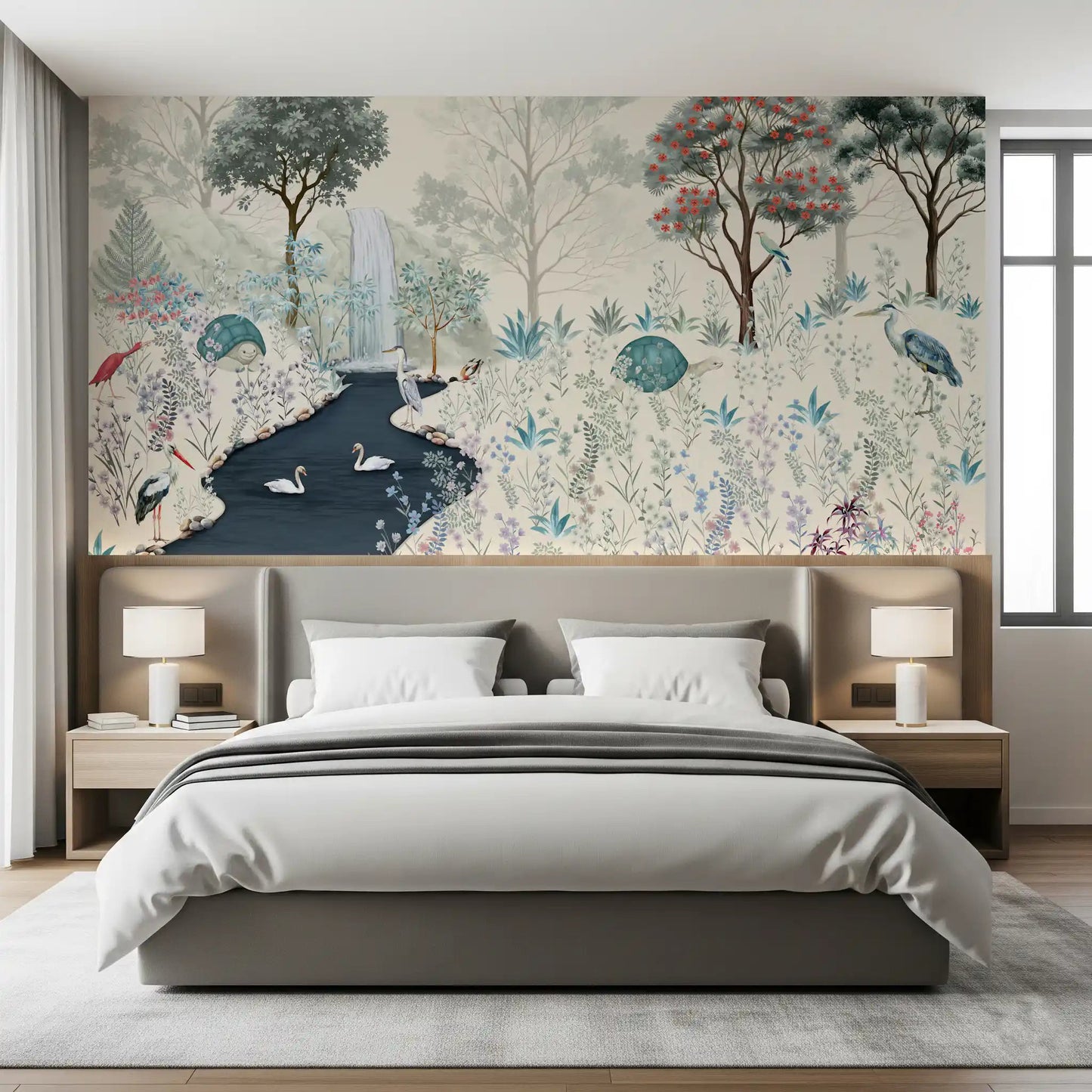Serene Woodland Stream Wall Mural set behind a bed in a moody bedroom scene