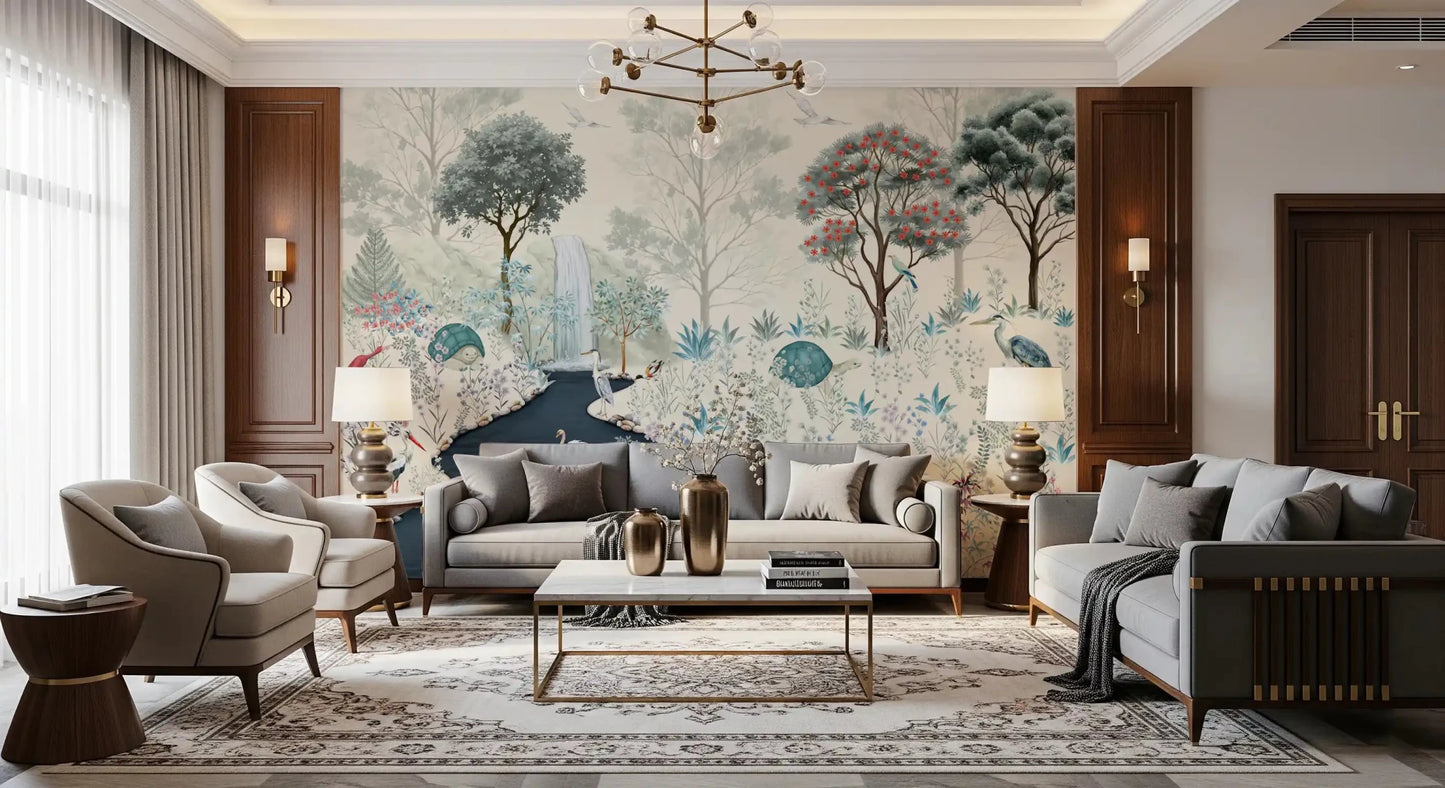 Dark modern lounge layered with the peaceful Serene Woodland Stream Wall Mural