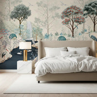 White bed paired with Serene Woodland Stream Wall Mural in a restful bedroom